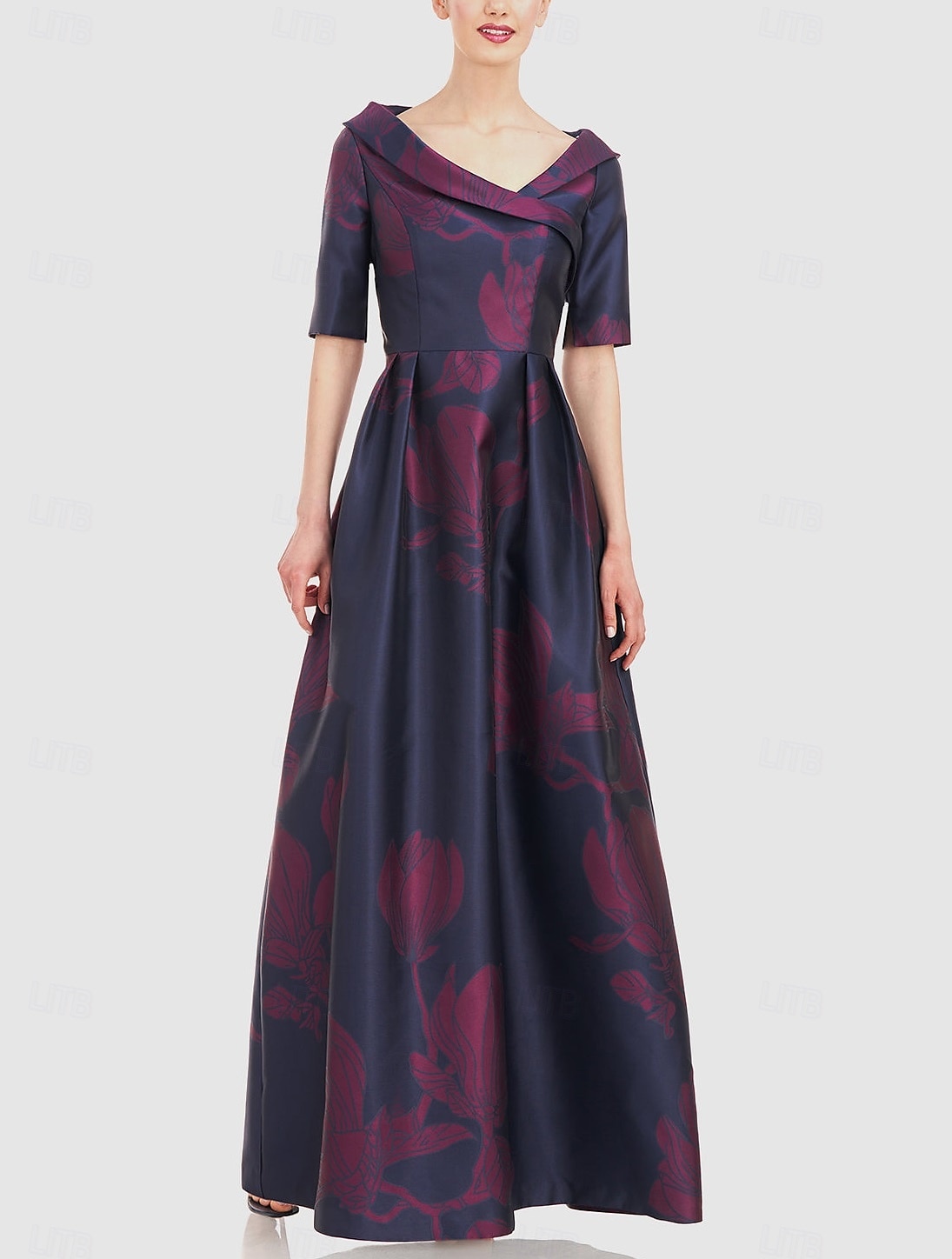 Sukienka wieczorowa A-line elegancka suknia formalna na wesele długości do ziemi półrękaw kołnierz koszulowy kieszeń satynowa z kwiatowym wzorem 2025 - $149.99 –P5