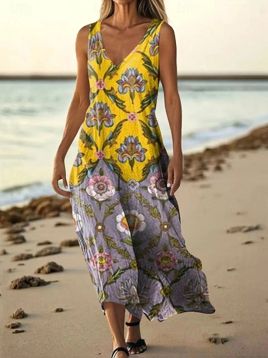 Femmes Robe Longue Maxi Robe Robe Décontractée Robe débardeur Robe d'été africain Quotidien Fête Plage Coupe régulière Fleuri Sans manches Col en V Jaune Bleu Vert foncé Vert Été de 2025 ? $20.99 –P7