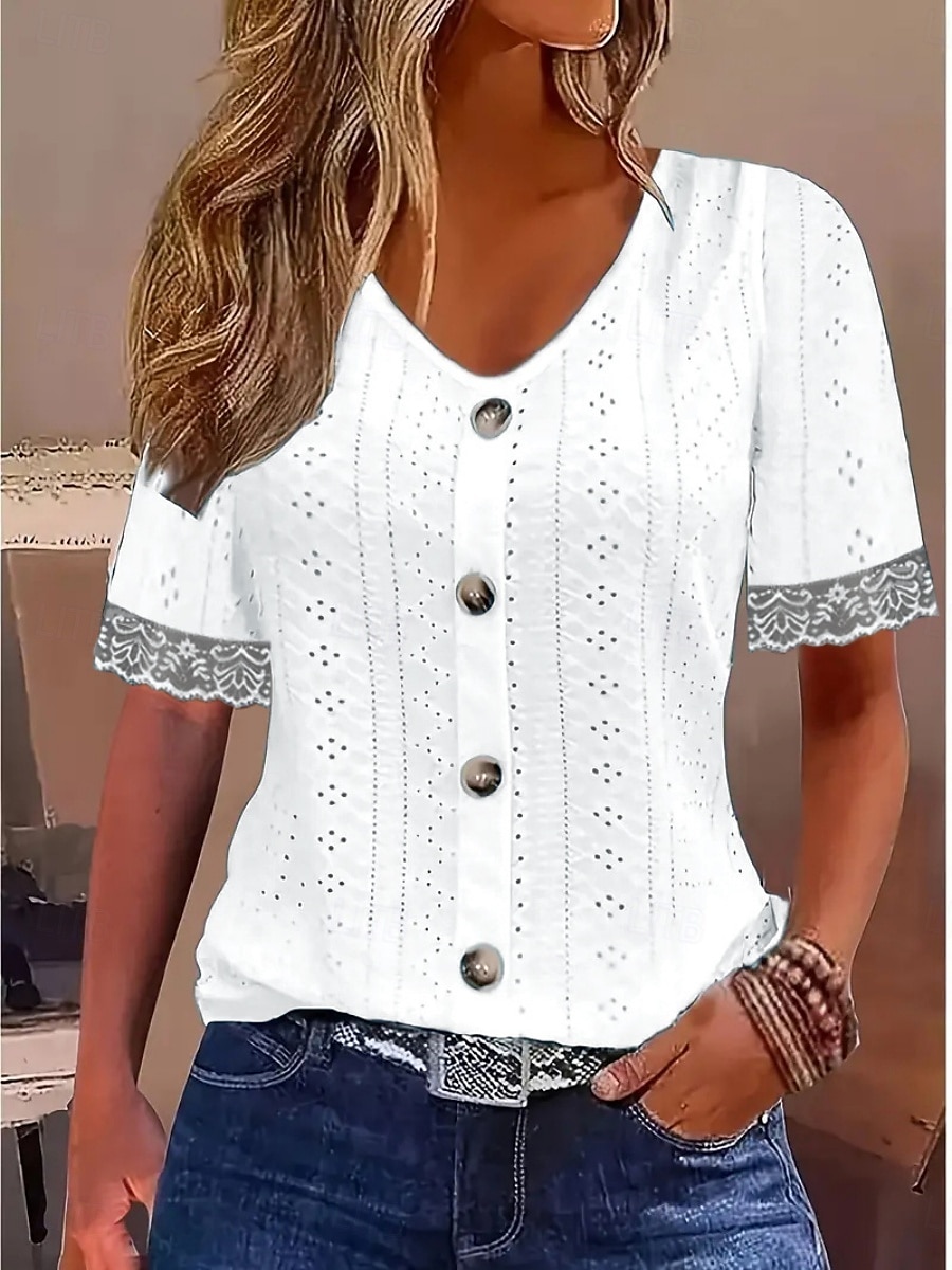 Mulheres Camisa de renda Côr Sólida à moda Casual Estilo Praia Manga Curta Decote V Tops regulares Diário Renda Patchwork Botões Branco Azul Céu Verão de 2025 por $17.99 –P4