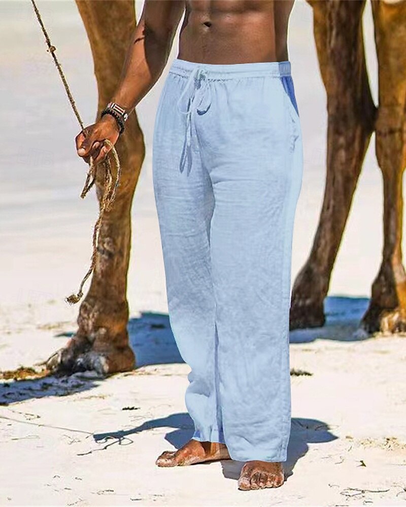 Herr Linne Byxor Långbyxor Sommarbyxor Strandbyxor Ficka Snörning Elastisk midja Slät Komfort Andningsfunktion Semester Dagligen Helgdag Hawaiisk Boho Svart Vit 2025 - $18.99 –P19