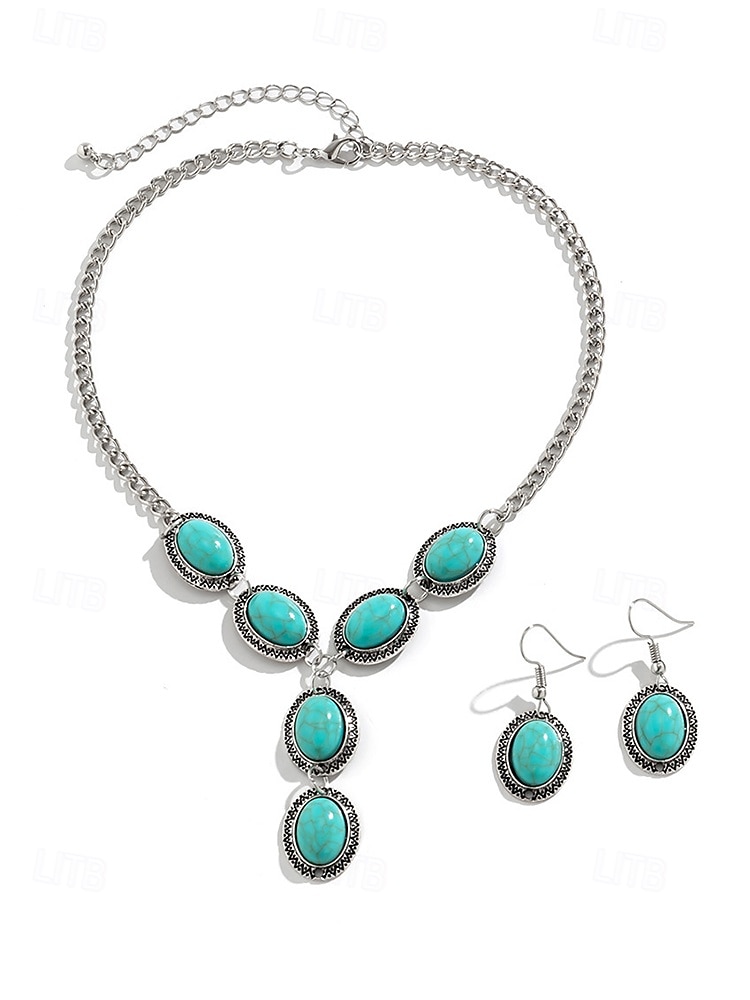 Set di gioielli da donna in turchese – collana con ciondolo ovale vintage placcato argento e orecchini pendenti per stile boho, festival estivi e feste in spiaggia del 2025 a $11.99 –P5