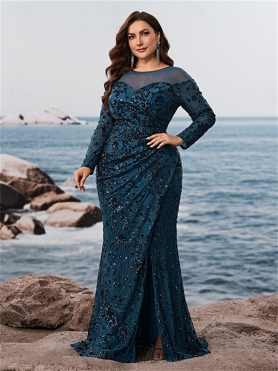 Havfrue Trumpet Plus Size Kjoler Elegant Kurve Kjole Formell Bryllup Gulvlengde Lang Erme Crew Neck Polyester med Splitt 2025 - $129.99 –P3