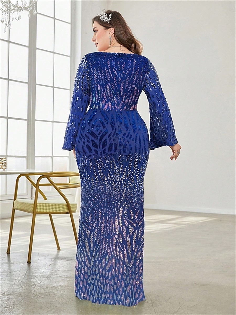 Mermaid / Trumpet Plus Size Dresses Elegant Curve Dress Formal Wedding Floor Length Long Sleeve V Neck Polyester with Sequin 2025 - $119.99 –P17