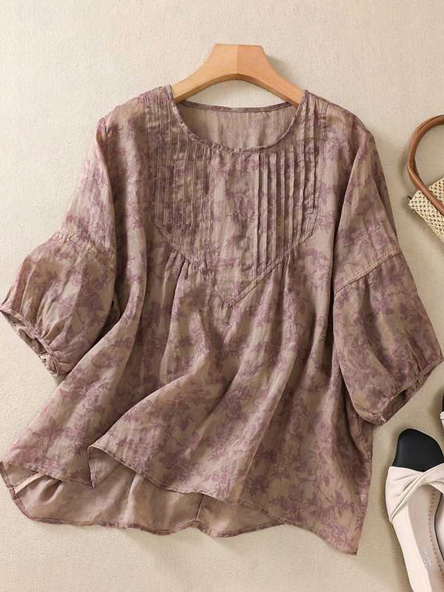 Femmes Chemises en coton et lin Fleuri Occasionnel Manche 3/4 Col ras du cou Hauts Réguliers Quotidien Imprimé Noir Rouge Violet Vert Été de 2025 ? $26.99 –P4