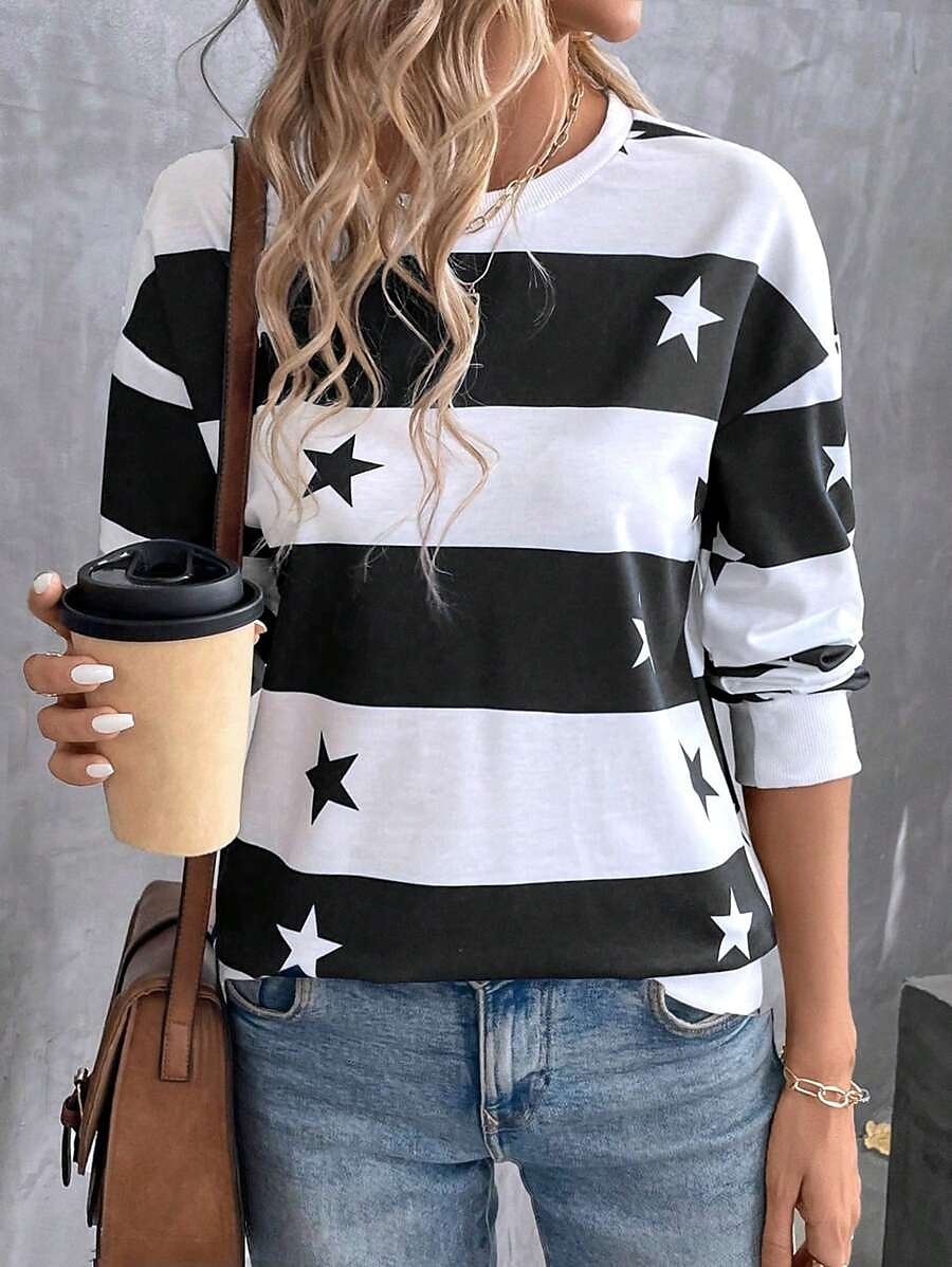 Femmes Sweatshirt Pull Graphique Rayé ancien Mode Occasionnel manche longue Col ras du cou Hauts Réguliers Rue Tenue Quotidienne Occasionnel Imprimé Noir Bleu Vert Kaki Printemps Automne Hiver de 2025 ? $24.99 –P4