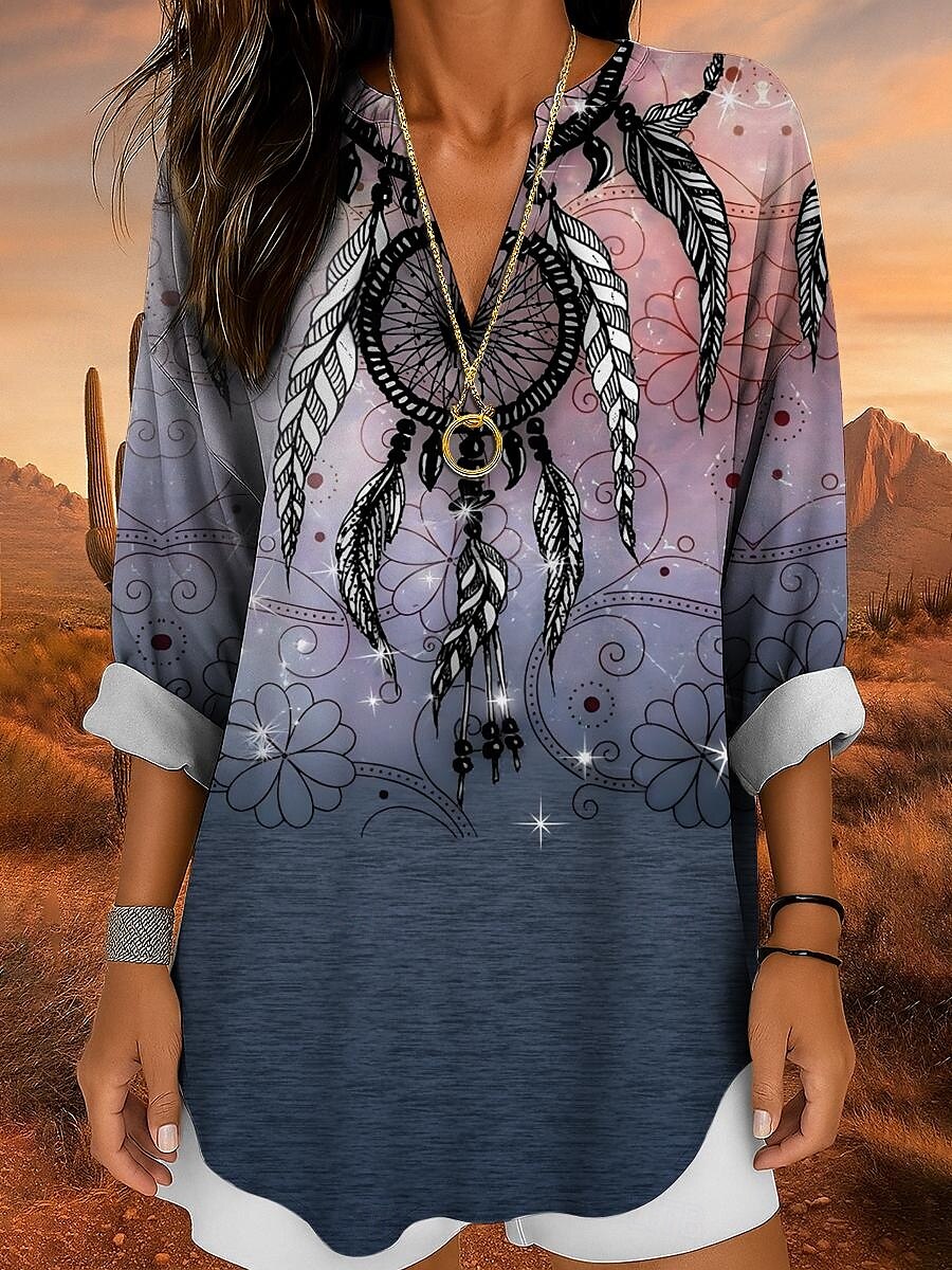 Damenbluse Langarm Tunika Tops Graphic Bohemia Vintage Tropical V-Ausschnitt Reguläre Tops Tägliche Urlaub Strandbekleidung Druck Blau Lila Braun Grün Sommer Frühling 2025 - $24.99 –P1