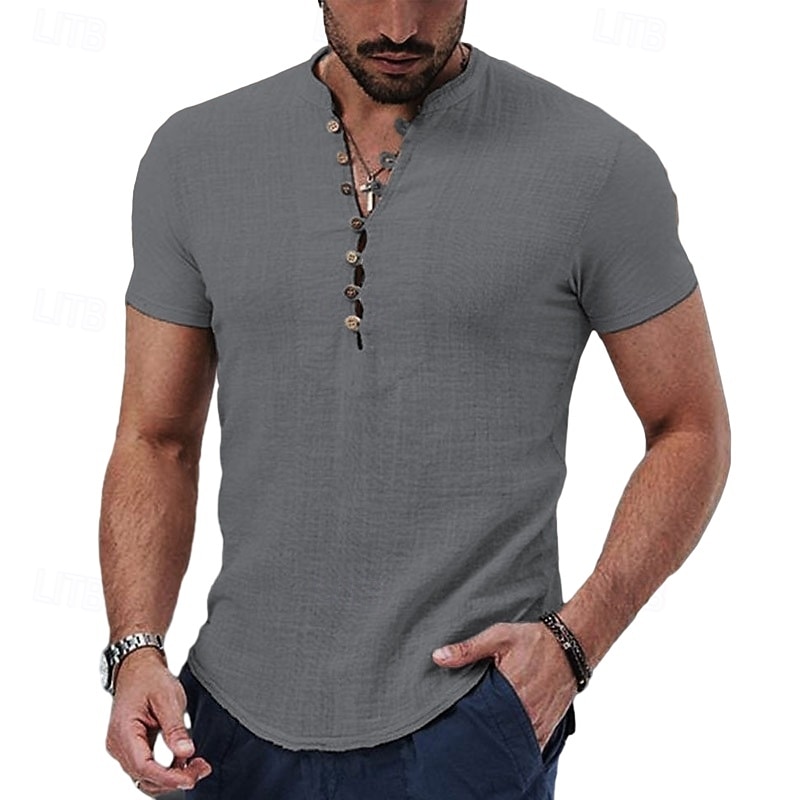 Per uomo Camicia di lino Camicia con colletto alla coreana Camicia popover Camicia Estiva Abbigliamento da spiaggia Camicia casual Semplice Vacanza Casuale Nero Bianco Rosso Cachi Manica Corta del 2025 a $20.99 –P1