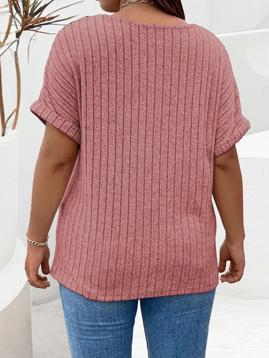 Dámské Plus velikost Topy Tričko Pevná barva Zip Kapsy Krátký rukáv Do V Módní Šik ven Na běžné nošení Denní Víkend Polyester Léto Podzim Světlá růžová Fialová 2025 - $23.99 –P11