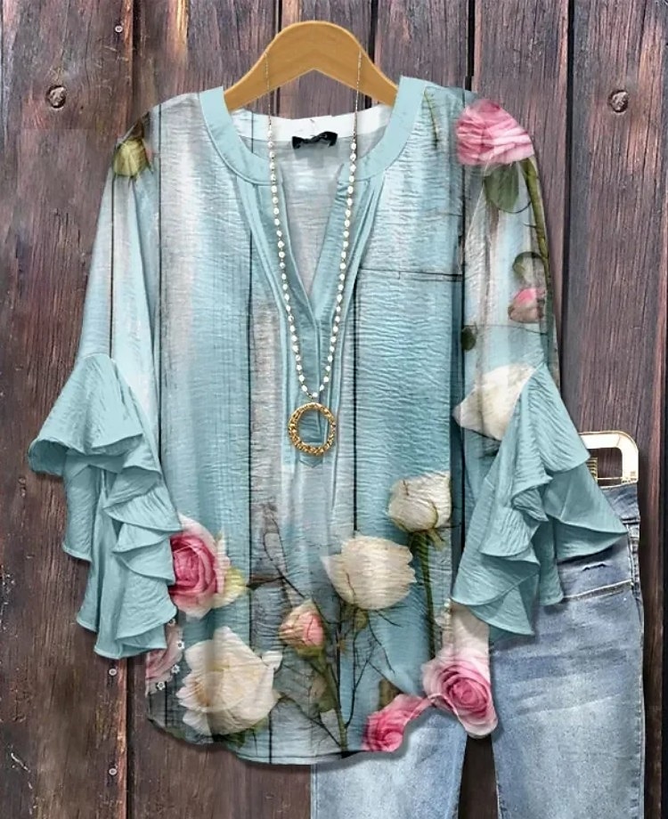 Amerykańska bluzka damska z grafiką lamparta boho vintage codzienna 3/4 długości rękaw falbaniasty dekolt w kształcie litery V regularne topy codzienny urlopowy strój nadruk żółty jasnozielony różowy 2025 - $29.99 –P1