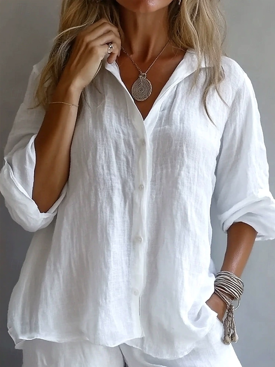 Women's Shirt Solid Color Plain Stylish Casual Long Sleeve Shirt Collar Regular Tops Daily Holiday Buttons White Yellow Pink Blue Summer Spring 2025 - $22.99 –P5
