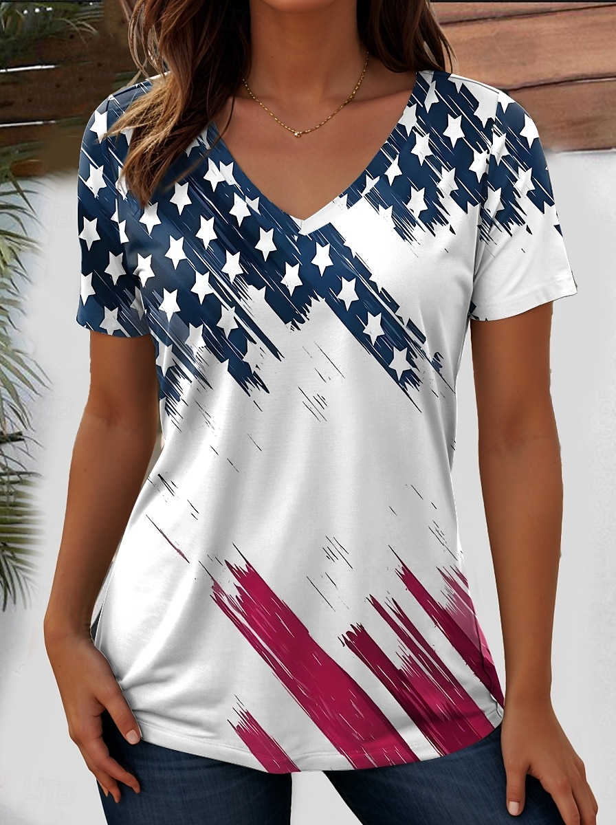 Tricou patriotic pentru femei cu steag steag național stilat casual roșu alb și albastru mânecă scurtă gât în V regular imprimeu zilnic albastru vară primăvară 2025 - $19.99 –P6