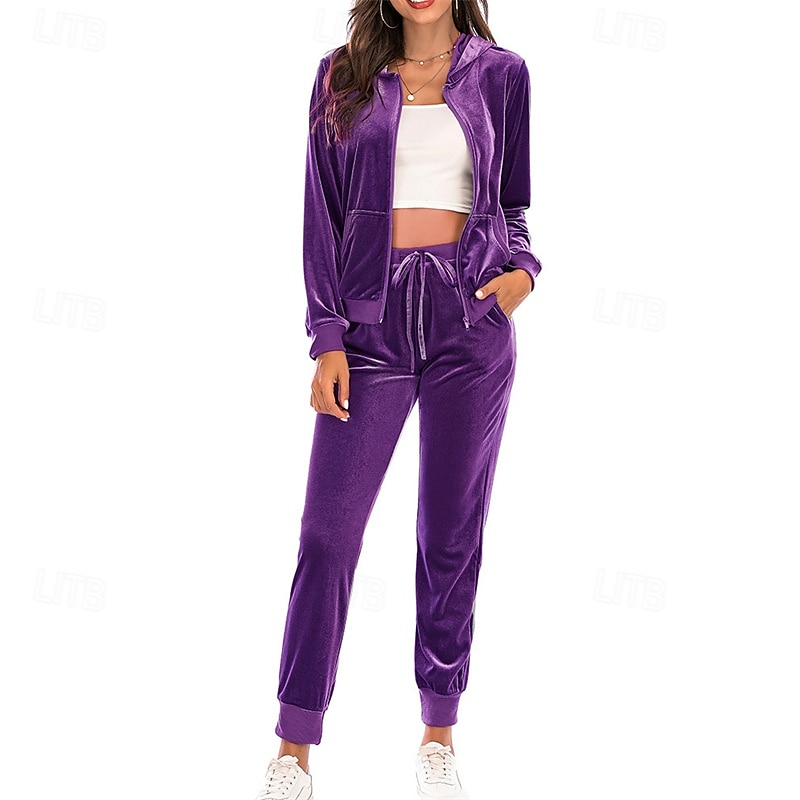 Women's Tracksuit Sweatpants Hooded Jacket Zipper Pocket Solid Colored Clothing Suit Fall Black Burgundy Velour Gym Workout Sports Windproof Long Sleeve Sport Activewear Micro-elastic Regular Fit 2025 - $42.99 –P7