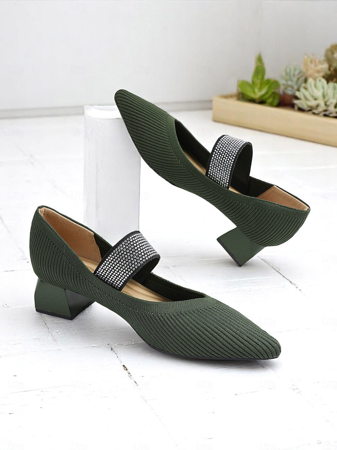 Women's Army Green Knit Block Heel Pumps with Rhinestone Elastic Strap, Stylish Comfortable Office Shoes for Teachers, Receptionists and Daily Workwear 2026 - $46.99 Women's Army Green Knit Block Heel Pumps with Rhinestone Elastic Strap, Stylish Comfortable Office Shoes for Teachers, Receptionists and Daily Workwear 2026 - $46.99