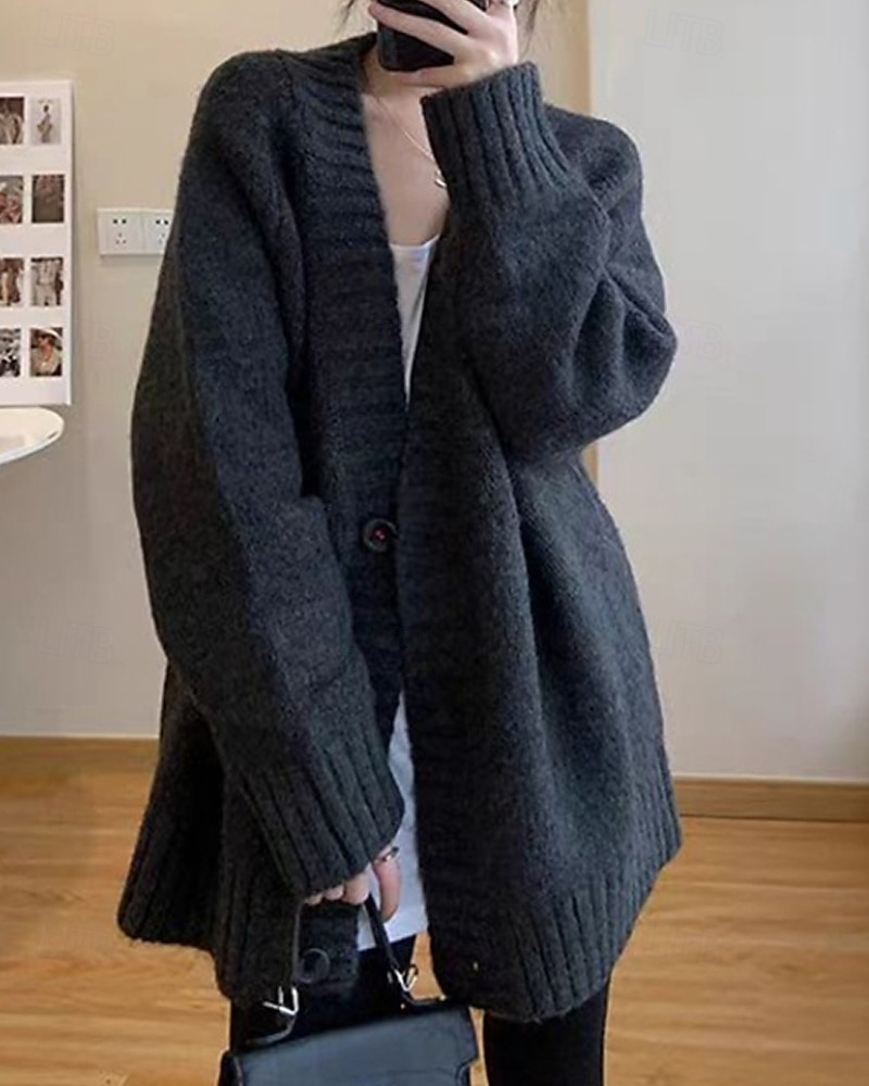 Damen Pullover Strickjacke Mode Einfarbig Gerippt V Ausschnitt Knöpfe Gestrickt Langarm Normale Oberteile Stricken Täglich Ferien Ausgehen Schwarz Dunkelgray Herbst 2025 - $28.99 –P7