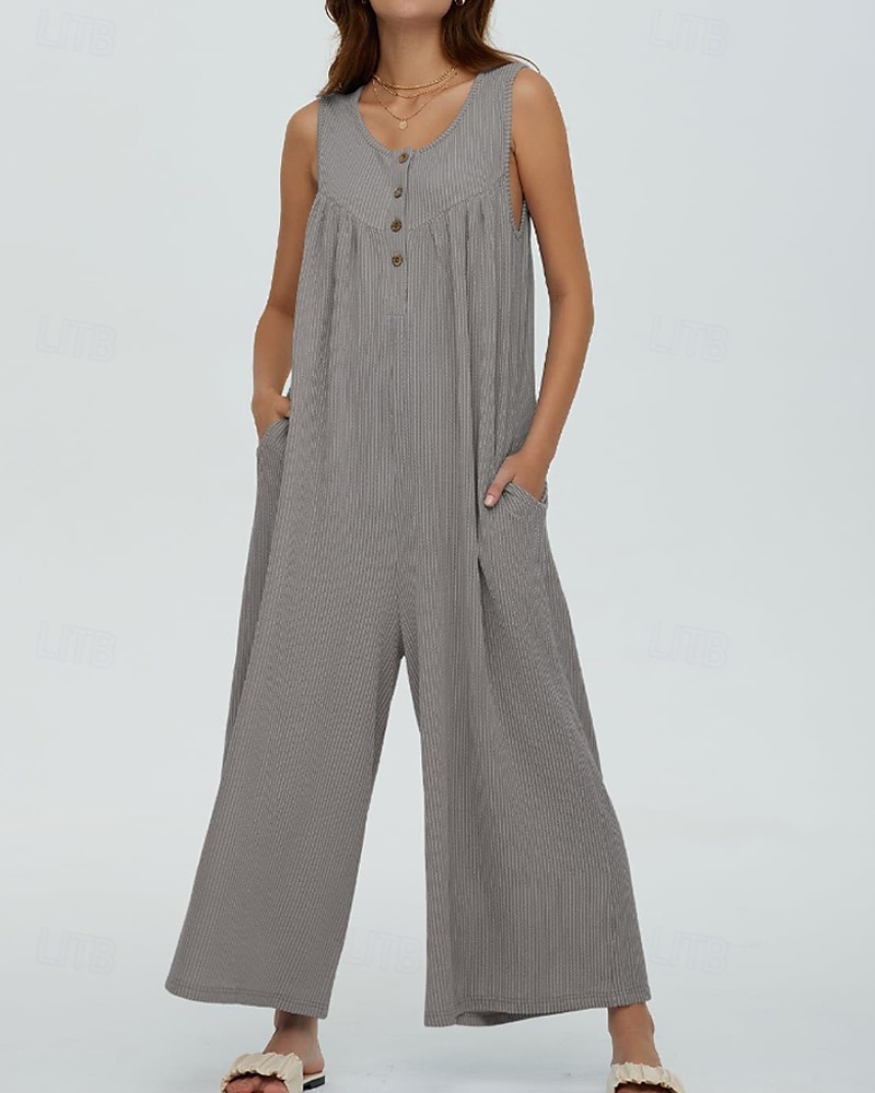 Női Szabályos Jumpsuitek Utcai sikk Tömör szín Ujjatlan U-alakú Gombok Zseb Utca Napi Normál Fekete Sötétkék Medence Nyár 2025 - zł111.96 –P2