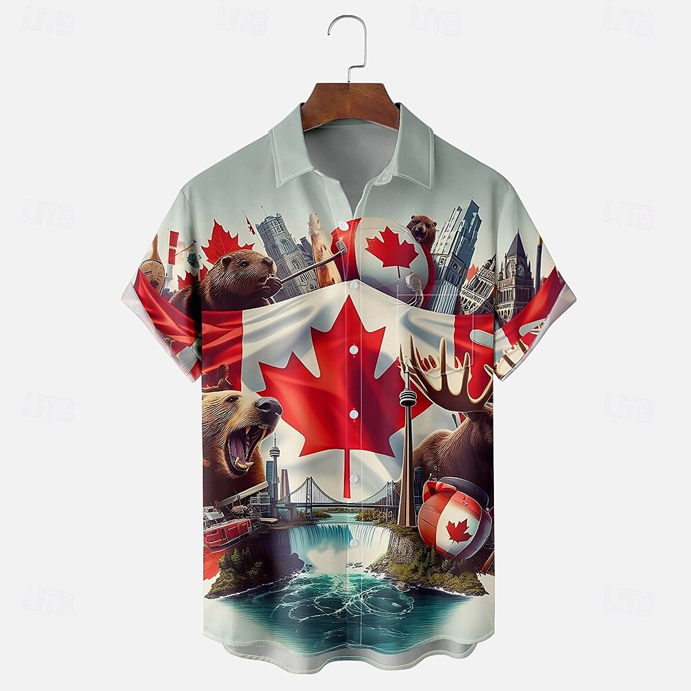 Canadadag Voor heren Vlag Esdoornblad Bever Overhemd Zomer overhemd Overhemd met knopen Korte mouw Mode-casual Feestdagen Zomer Lente Strijkijzer 3D-afdrukken shirts met kraag Voorste zak blauw 2025 - $24.99 –P1