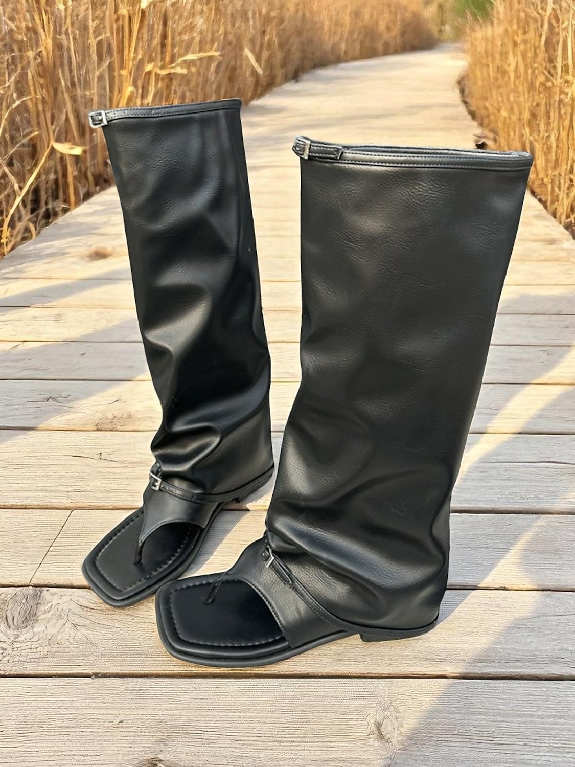 Stivali alti fino al ginocchio in pelle nera da donna: un tocco di stile audace per festival musicali ed eventi di street style del 2025 a $46.99 –P4