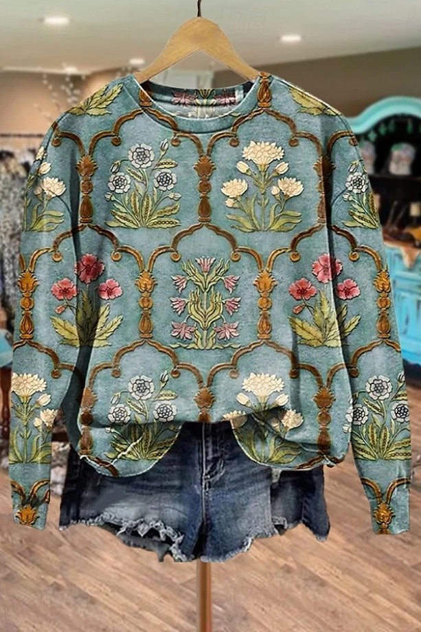 Women's Pullover Sweatshirt Floral Graphic Warm Vintage Gothic Lolita Long Sleeve Crew Neck Regular Tops Street Dailywear Casual Print Light Pink Red Brown Green Beige Spring Fall Winter 2025 - $24.99 –P1