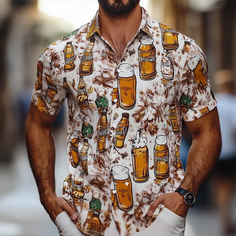 Pánské Pivo Oktoberfest Košile Letní košile Košile na knoflíky Krátký rukáv Havajské Venkovní Dovolená Léto Jaro Přehnutý 3D tisk košile s límečkem Meruňková 2025 - $23.99 –P1