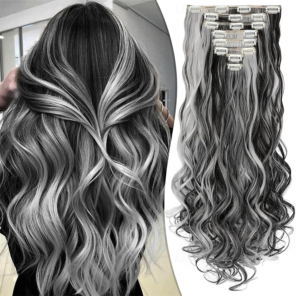 Extensions de cheveux à clipser 24 pouces 8 pièces mélange noir naturel gris argenté extensions de cheveux synthétiques longs ondulés extensions à clips épais double trame pour femmes de 2025 ? $26.99 –P1
