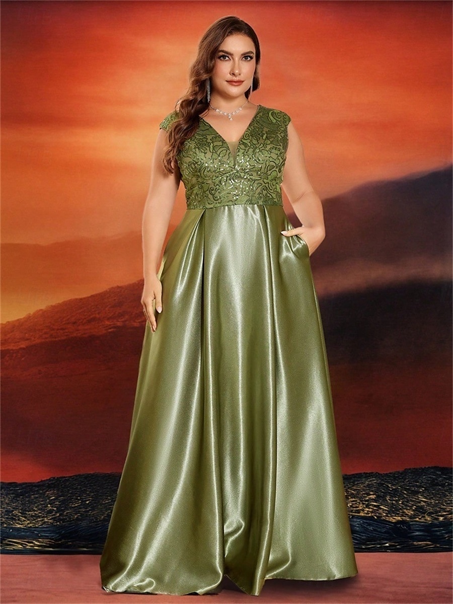 Robe A-Line Grande Taille Élégante Robe Courbe De Mariage Formelle Longue Au Sol Manches Courtes Col en V Satin Dos Nu Avec Plis 2025 de 2025 ? $119.99 –P41