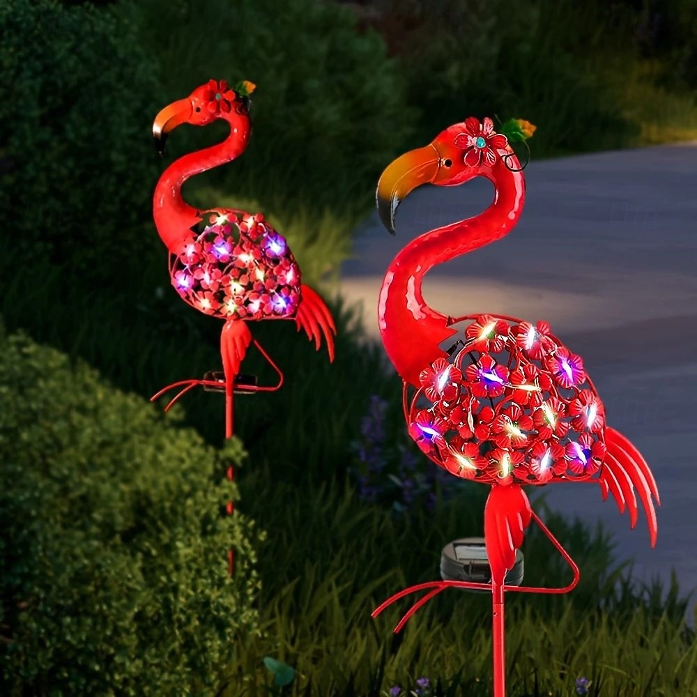 Lampă solară de grădină cu LED-uri, tip flamingo, impermeabilă IP65, cu formă de statuie metalică flamingo, decorațiuni de grădină în aer liber pentru nuntă, peluză, iaz, grădină, iluminat peisagistic 2025 - $27.99 –P2