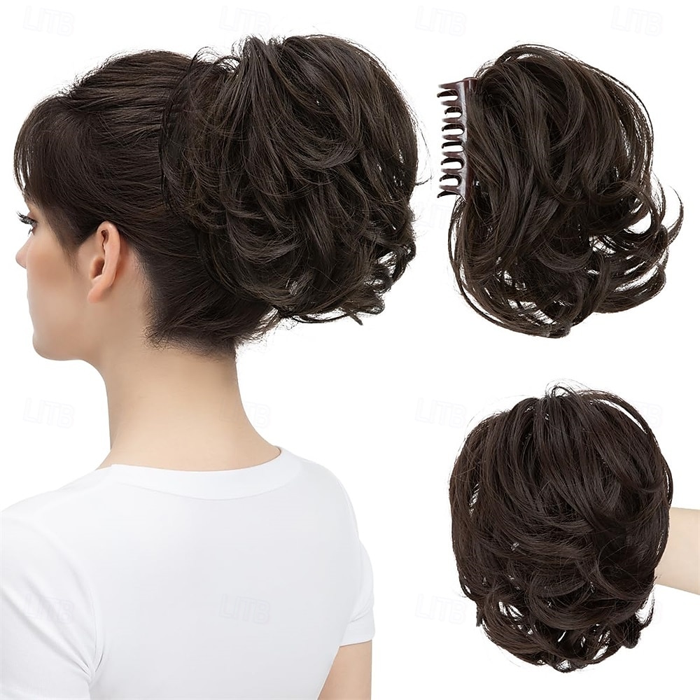 Extensions de cheveux synthétiques ondulées et bouclées, queue de cheval courte et bouclée, style chignon décoiffé, flexibles et polyvalentes de 2025 ? $19.49 –P4