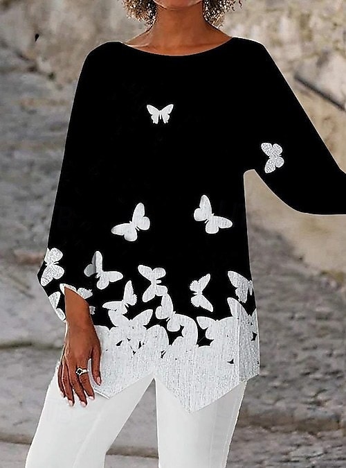 Mulheres Blusa Imprimir Barra Assimétrica Borboleta Imprimir Diário à moda Manga Longa Gola Redonda Tops regulares Diário Feriado Prata Preto e cinza Preto Verão Primavera de 2026 por $25.99 –P1