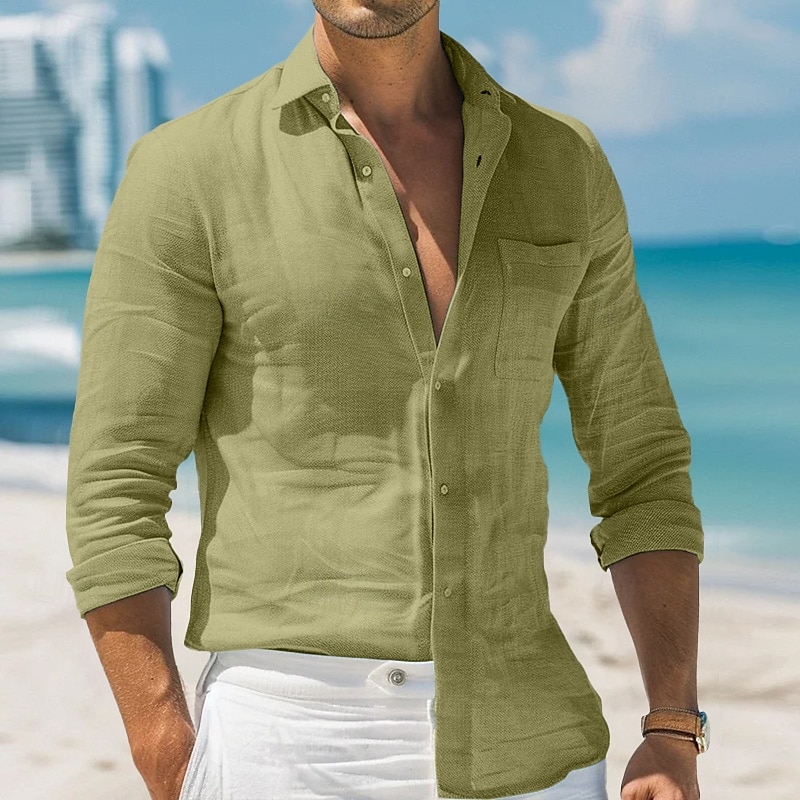 Voor heren Overhemd Linnen overhemd Zomer overhemd Strand hemd Effen Feestdagen Alledaagse kleding Wit Lichtgroen Blozend Roze blauw Lange mouw Strijkijzer Zomer Lente & Herfst Kleding Button-omlaag 2025 - $21.99 –P8