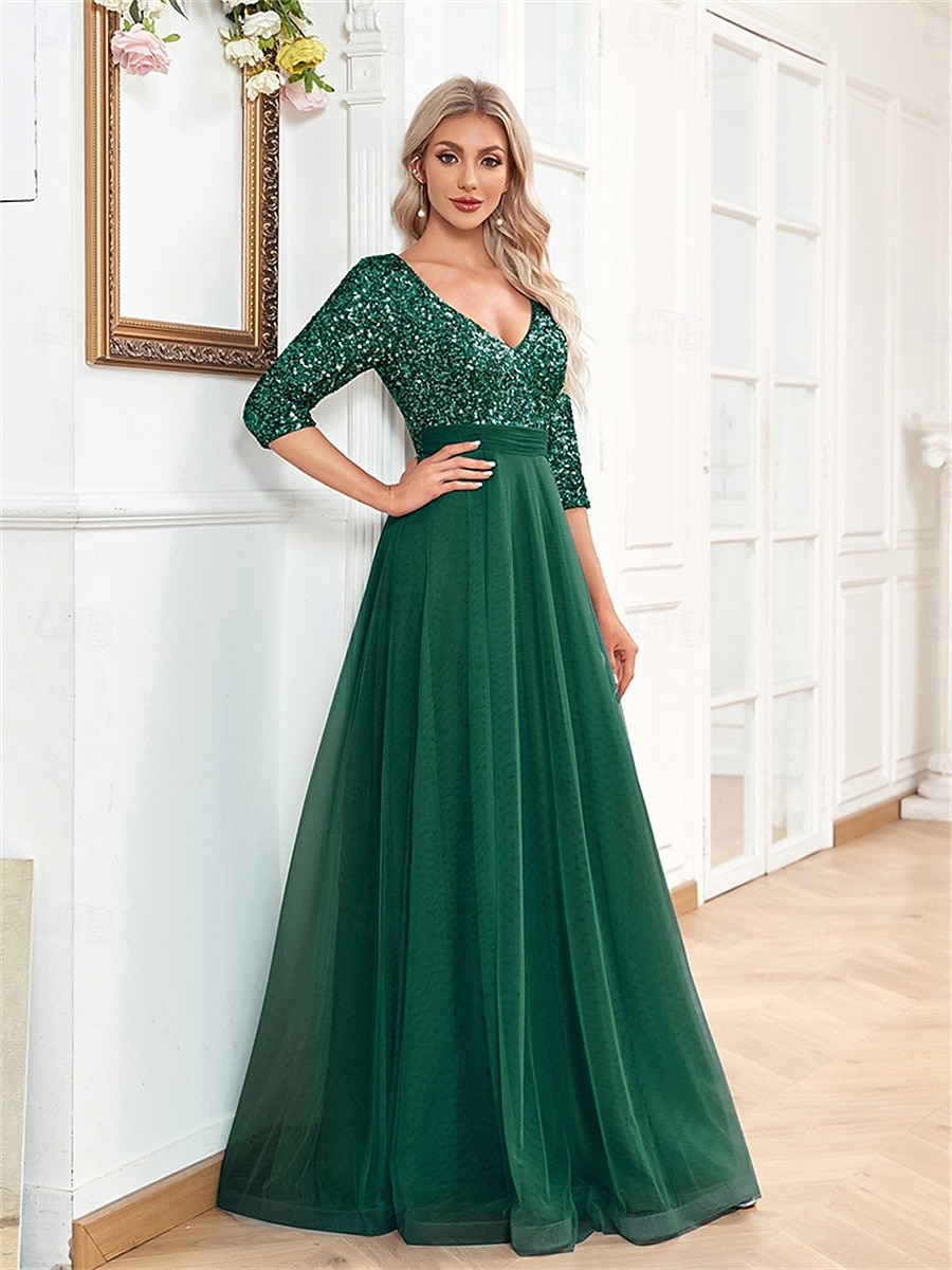 A-linjainen Quinceanera-Mekot Elegantti Mekko Virallinen Häät Lattiapituus Puolihihainen V-kaula-aukko Tylli Strassilla 2025 - $99.99 –P24