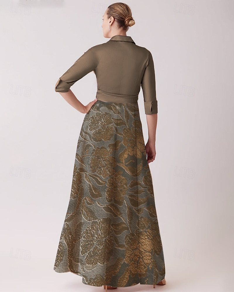 Jacquard Brocade Floral A-Line Cocktail Dresses Elegant Dress Formal Wedding Floor Length Long Sleeve Shirt Collar Detachable Nylon 2025 - $149.99 –P2