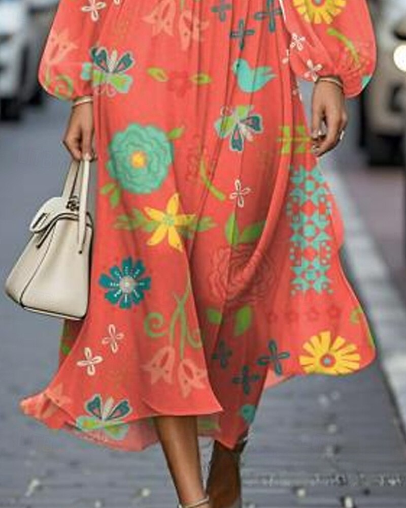 Femmes Robe Midi Robe Décontractée Robe Imprimée Élégant Mode Extérieur Soirée Fête Coupe régulière Fleur manche longue Col en V Orange Été Printemps de 2025 ? $27.99 –P3