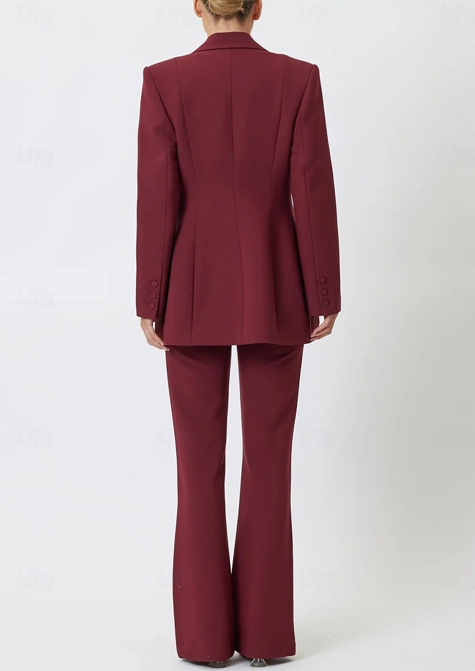 Burghundy Zweiteiliges Hosenanzug Brautmutterkleid Elegant Minimalistisch Lässig Revers Bodenlang Langarm mit Knöpfen 2025 - $159.99 –P3