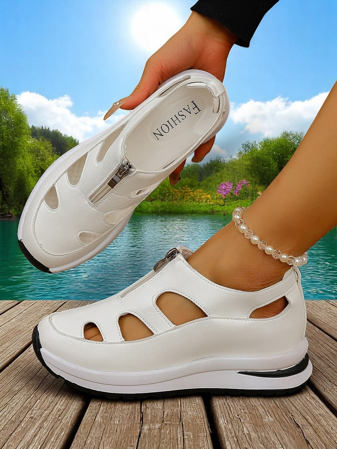 Sandalias deportivas blancas para mujer con diseño recortado, zapatos ligeros con cremallera para caminatas cómodas, viajes activos y recados diarios. 2026 - $29.99 –P2