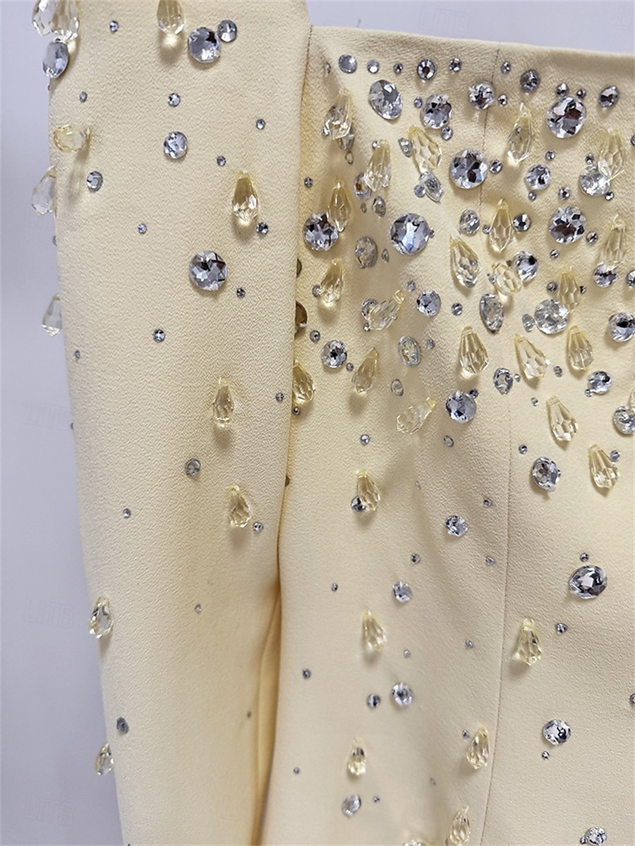 Mermaid / Trumpet High Fashion Yellow Dress Elegant Dress Formal Wedding Floor Length Semi Formal Long Sleeve Square Neck Crepe Center Back Slit with Crystal 2025 - $149.99 –P7