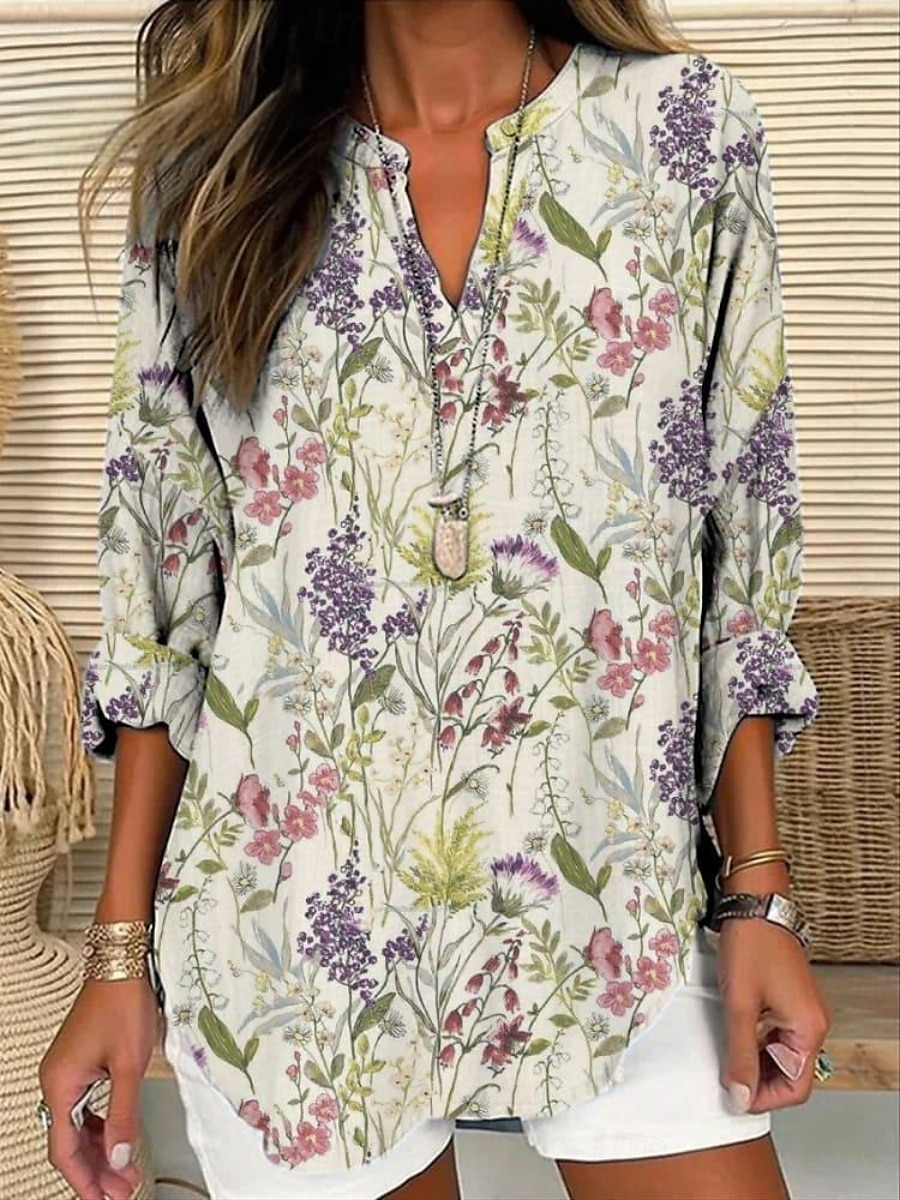 Femmes Chemise Fleuri Élégant Moderne manche longue Col en V Hauts Réguliers Quotidien Fête Boutons Imprimé Rose Claire Violet Vert Beige Été de 2025 ? $24.99 –P3