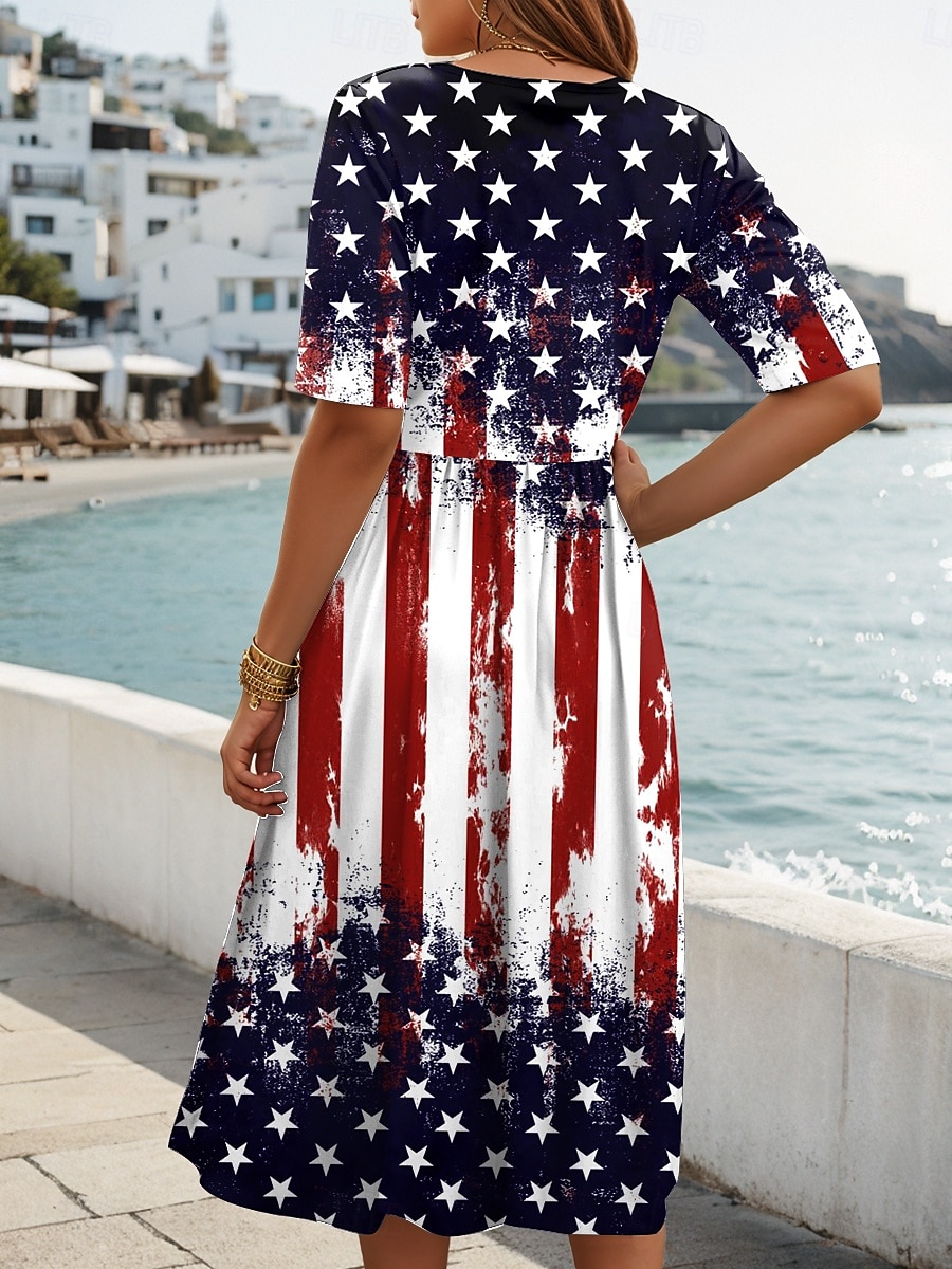 Kvinnens patriotiske midi kjole sommerkjole plissert kjole ferie uformell ferie løs passform grafisk stripet amerikansk flagg halv erme rundhals rød blå mørkeblå sommer 2025 - $29.99 –P2