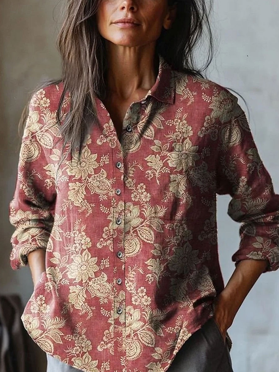 Damenhemd Langarm Bluse Knopfdown Blumenmuster Grafik Vintage Stilvoll Lässig Hemdkragen Reguläre Oberteile Arbeit Täglich Urlaub Knöpfe Taschen Druck Schwarz Rot Orange Grün Frühling Herbst 2025 - $32.99 –P1