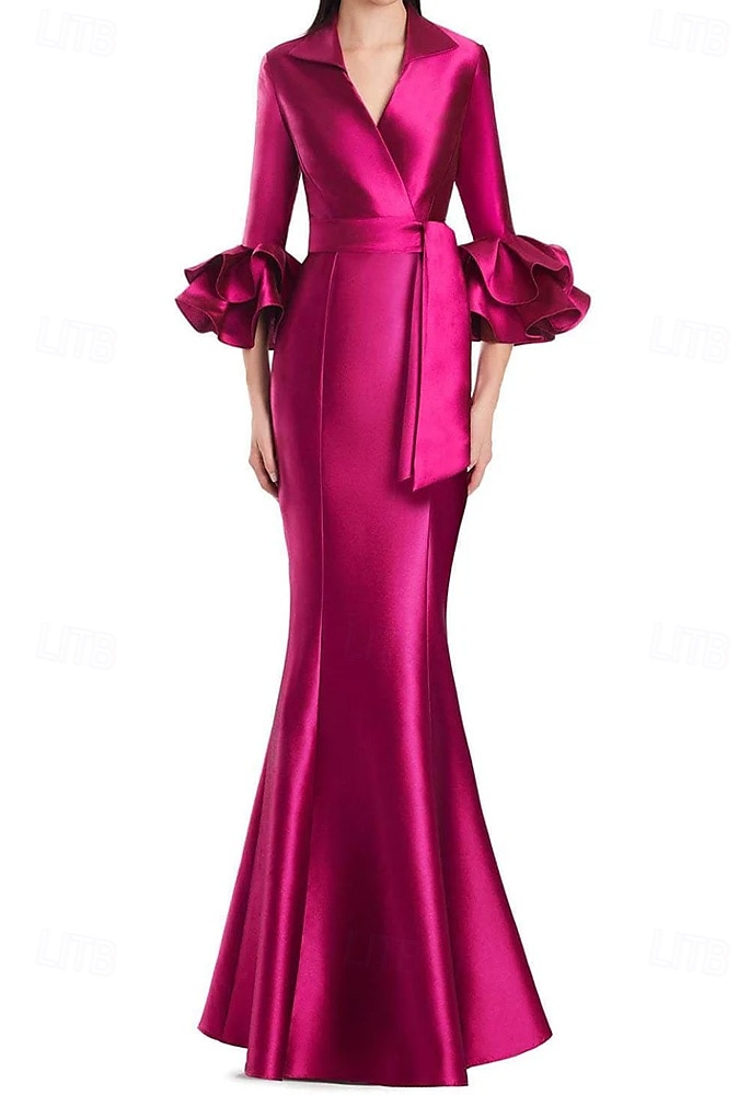 schwarz-weißes Abendkleid Meerjungfrau/Trompete Abendkleid elegantes Kleid formelle Hochzeit bodenlang Halbarm Hemdkragen Stretch-Satin mit Rüschen 2025 2025 - $139.99 –P8