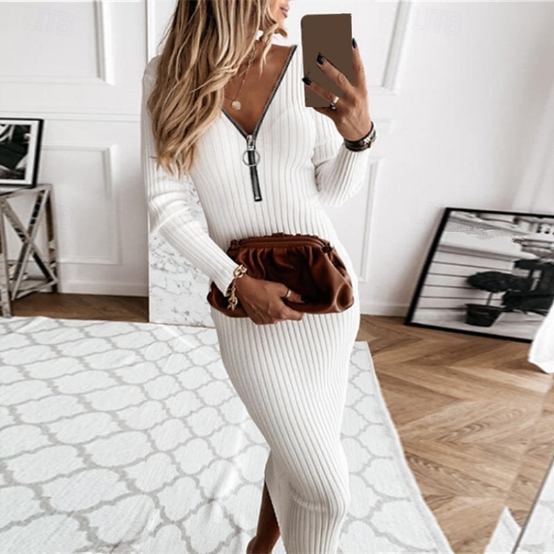 Dámské Midi šaty Pletené šaty Bodycon Klasické Moderní Dovolená Denní Víkend Běžný Bez vzoru Dlouhý rukáv Do V Černá Bílá Khaki Podzim 2025 - $26.99 –P3