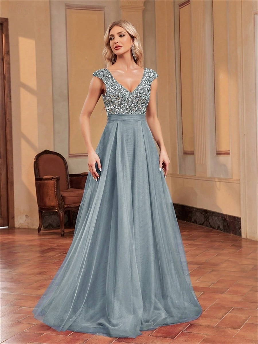 Abiti per Quinceanera A-Line elegante abito formale per matrimonio lunghezza del pavimento senza maniche scollo a V tulle con schiena a V e paillettes del 2025 a $99.99 –P4