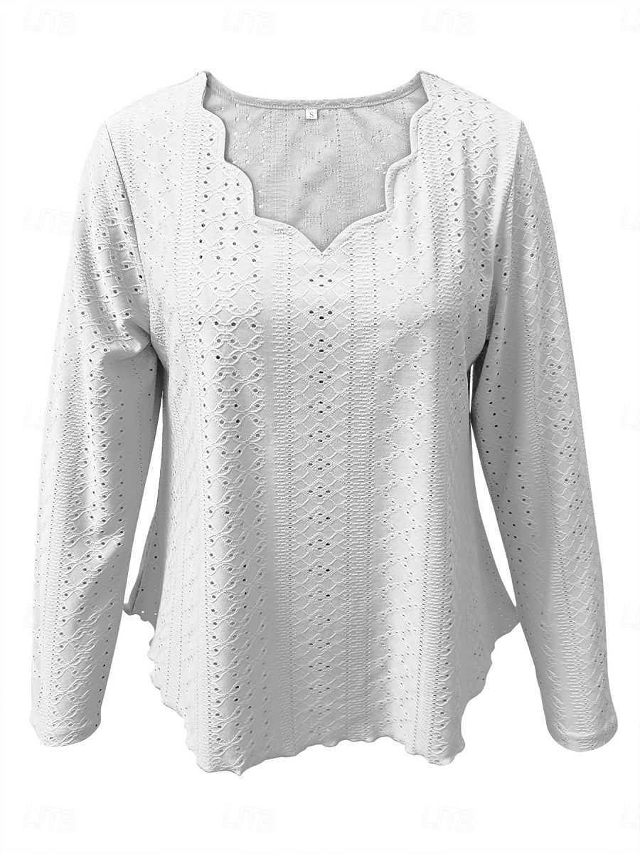 Women's Blouse Solid Color Basic Casual Long Sleeve V Neck Regular Tops Daily Eyelet Black White Pink Khaki Summer 2025 - $17.99 –P6