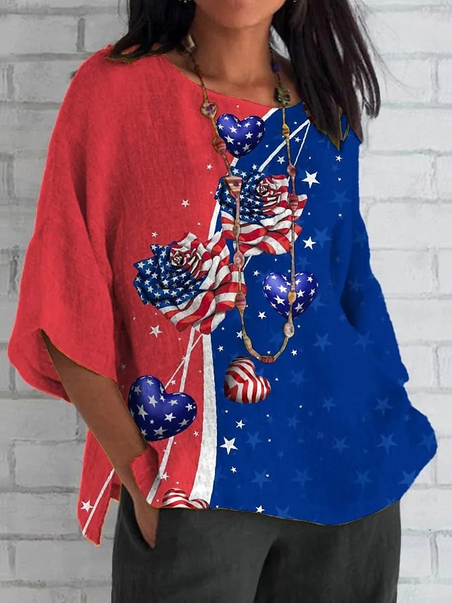 Uavhengighetsdagen Patriotiske Kvinne Bluse Lin Lignende Grafisk Flagg Bohemia Vintage Tropisk 3/4 Lengde Ermer Rund Hals Vanlige Topper Daglig Ferie Ferie Slitasje Trykk Rød Blå Grå Sommer Vår 2026 - $32.99 –P3