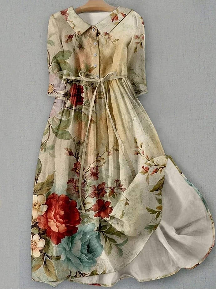 Dames Halflange jurk Hemdjurk Vakantie Casual Boho Dagelijks Feestdagen Teaparty Normale pasvorm Bloemig Grafisch Halve mouw Revers Lichtgeel Groen Donkerblauw Beige Zomer Lente 2025 - $37.99 –P3