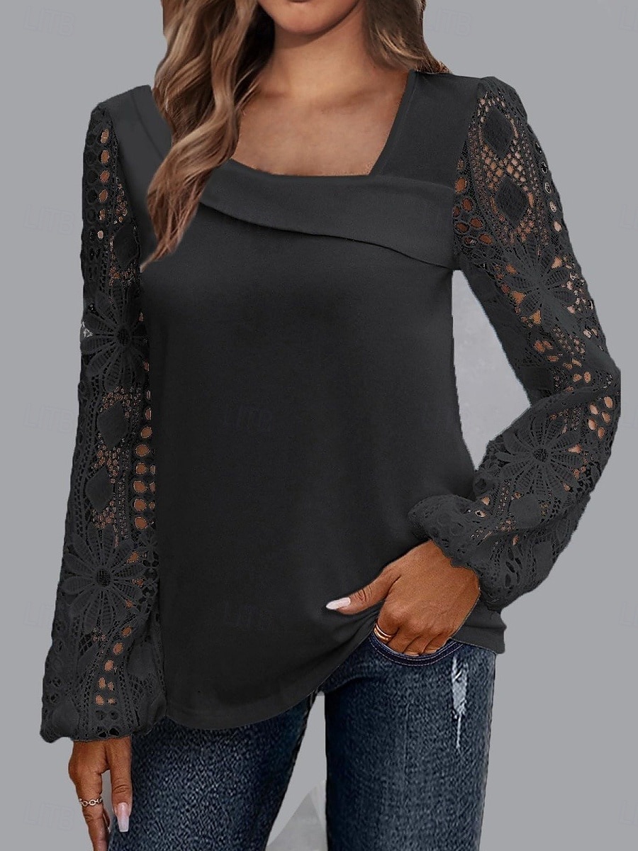 Damen Elegante Weiße Spitzen Tops Ösen Bluse Lässig Einfarbig Reguläre Tops Langarm Asymmetrische Spitzen Patchwork Reguläre Passform Täglich Schwarz Weiß Rosa Romantische Petite Tops Sommer Urlaub 2025 - $29.99 –P11