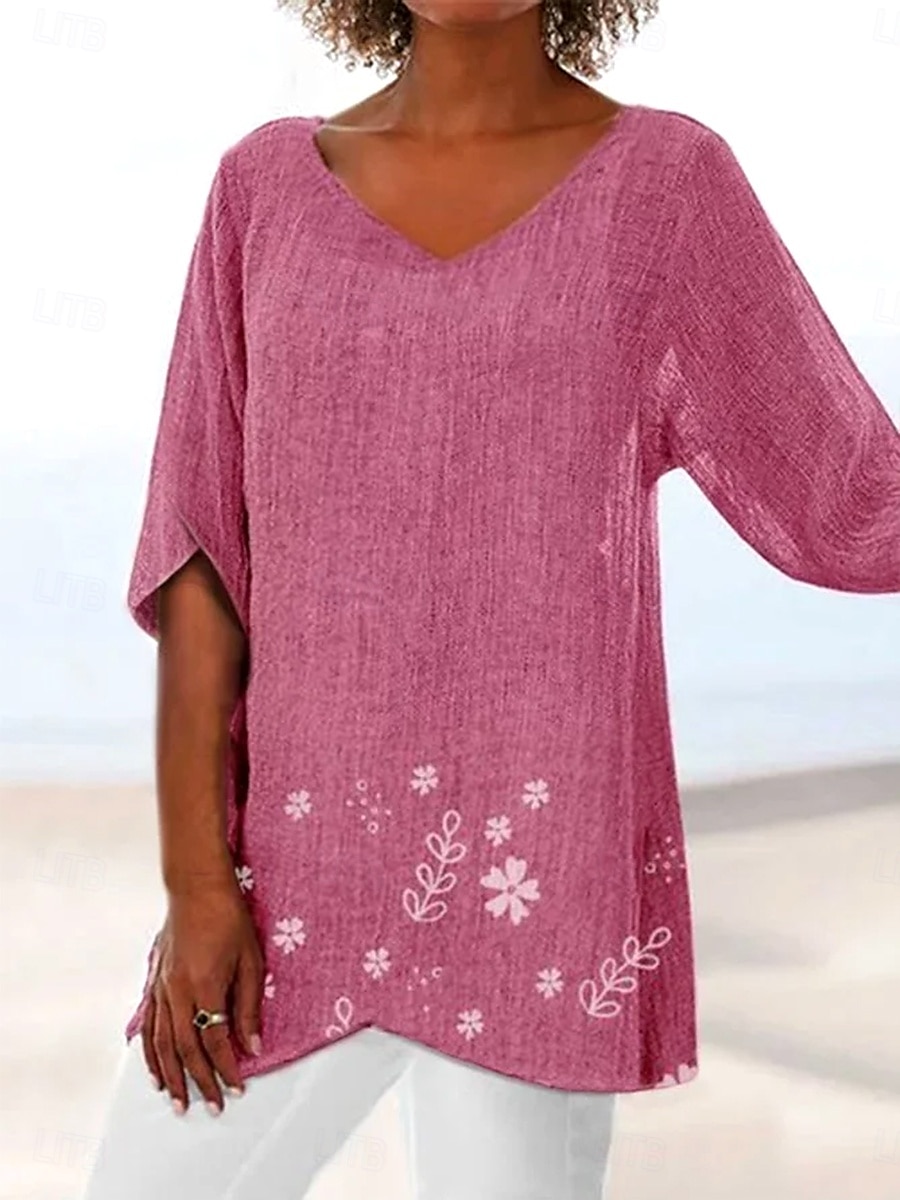 Damebluse Langermet Asymmetrisk Hem Floral Grafisk Blad Hawaii Stilfull Casual 3/4 Lengde Ermer V Hals Vanlige Topper Daglig Ferie Utendørs Trykk Asymmetrisk Hem Gul Lys Lilla Fuksia 2025 - $25.99 –P4