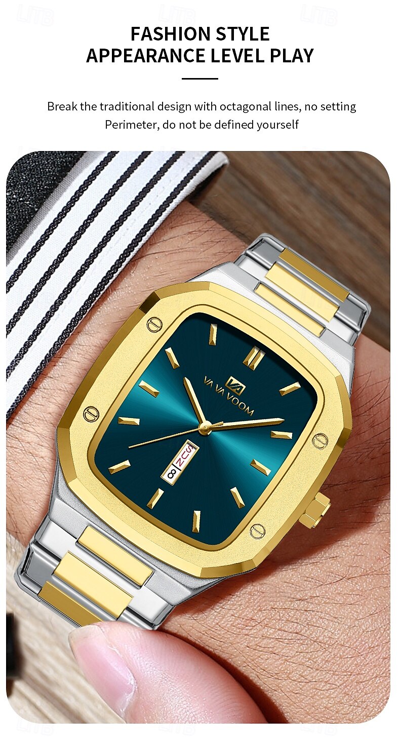 VA VA VOOM Top Brand Men Wrist Watches Luxury Waterproof Gold Black Silver Date Week Display Square Watch for Men Stainless Steel Watc 2025 - $26.99 –P2