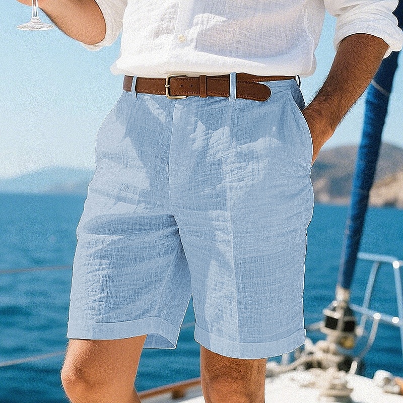 Herr Shorts Linne Shorts Sommarshorts Beach Shorts Ficka Knappar Slät Komfort Andningsfunktion Kort Semester Helgdag Strand Hawaiisk Boho Svart Vit 2025 - $21.99 –P8