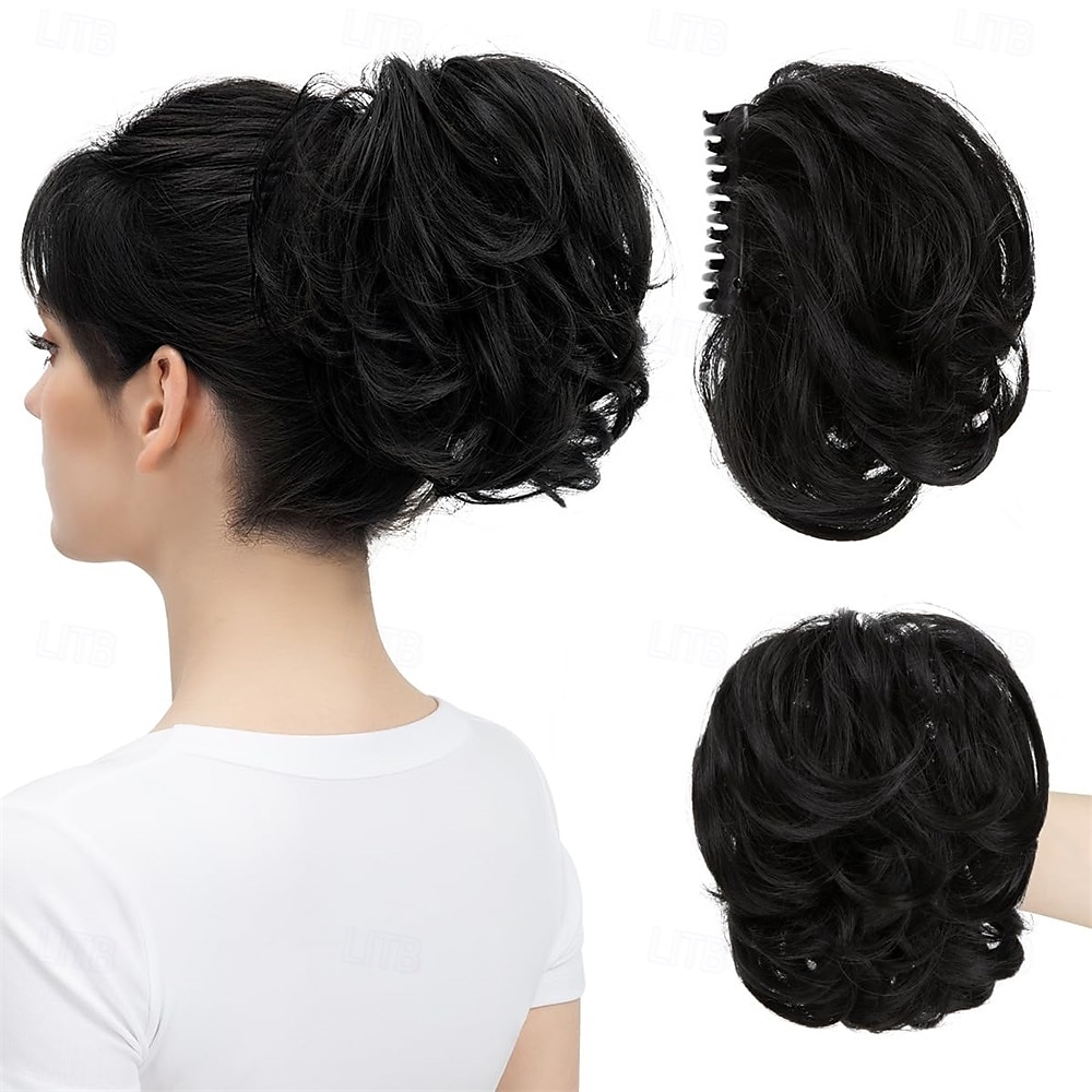Extensions de cheveux synthétiques ondulées et bouclées, queue de cheval courte et bouclée, style chignon décoiffé, flexibles et polyvalentes de 2025 ? $19.49 –P3