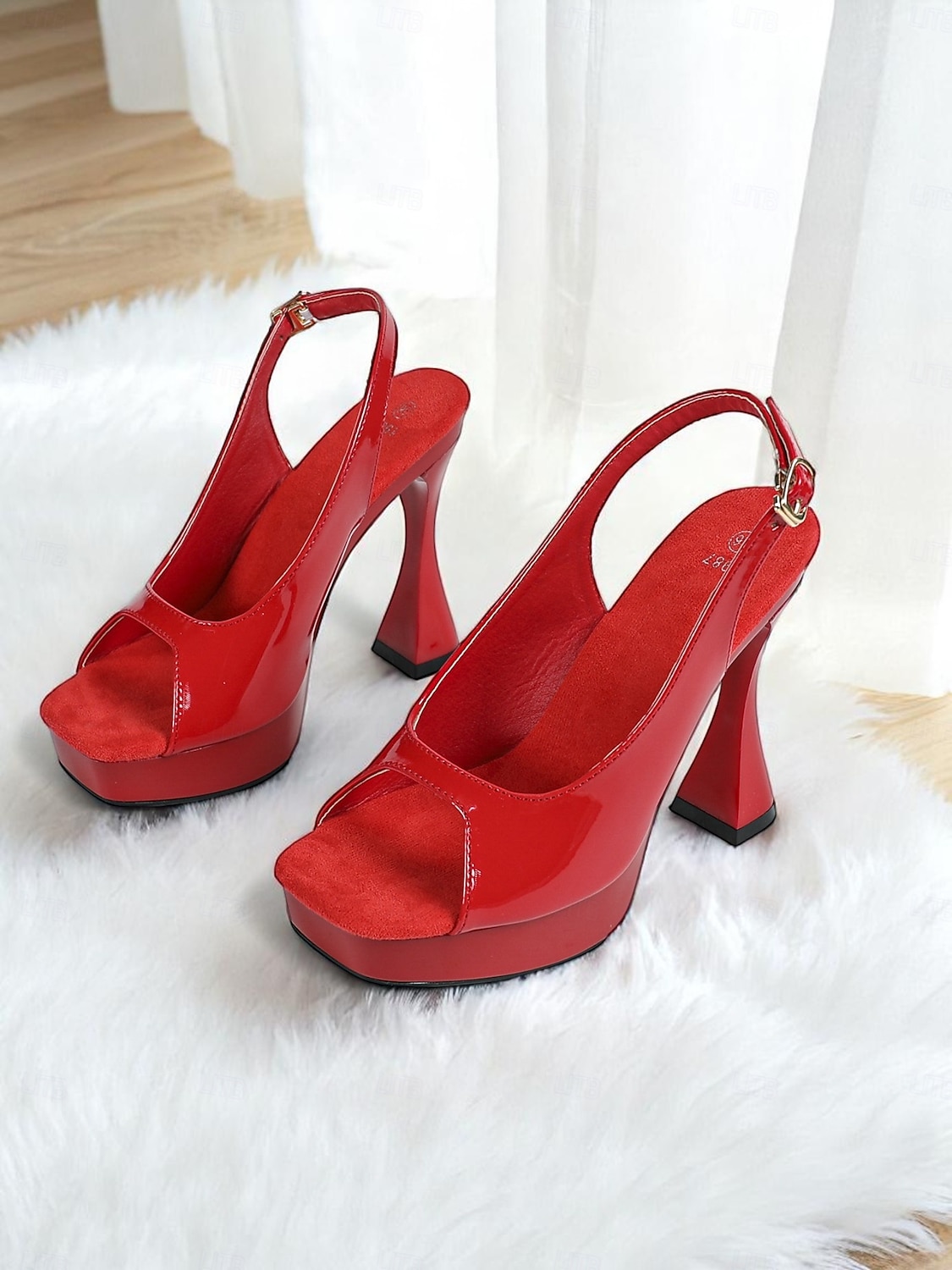 Women's Red Patent Platform Slingback Heels with Flared Block Design, Glossy Peep-Toe Style for Nightlife Party, Clubbing, Holiday Events or Bold Date Night Looks 2025 - $46.99 –P4